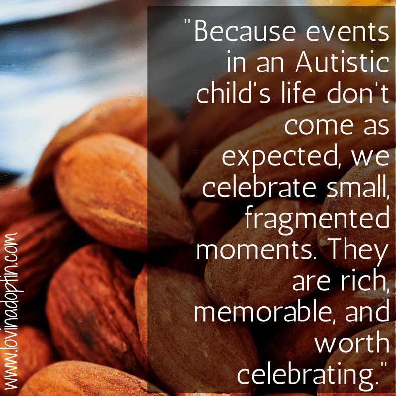 Almonds…Jeremiah eats an average of two to three foods at a given time. Sometimes he'll add almonds to that mix - we celebrate each time he does.